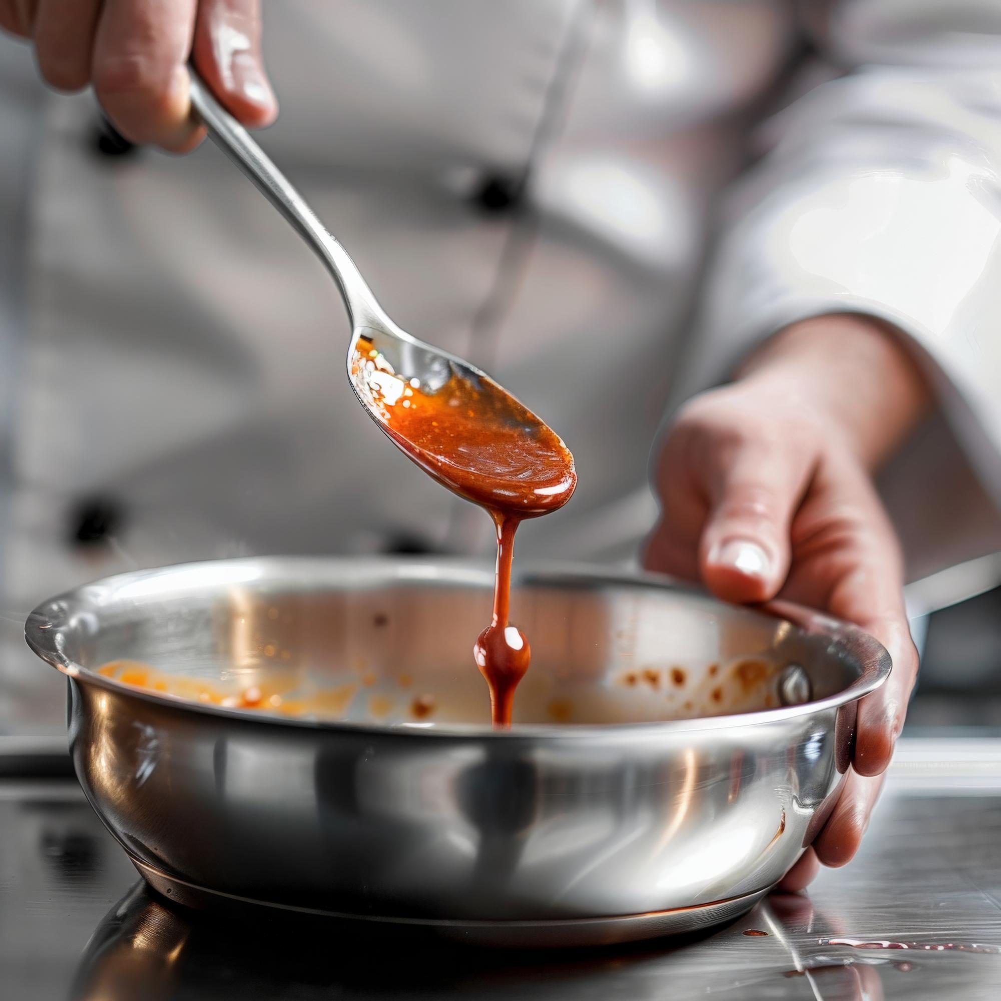 Mano di chef che rifinisce una salsa